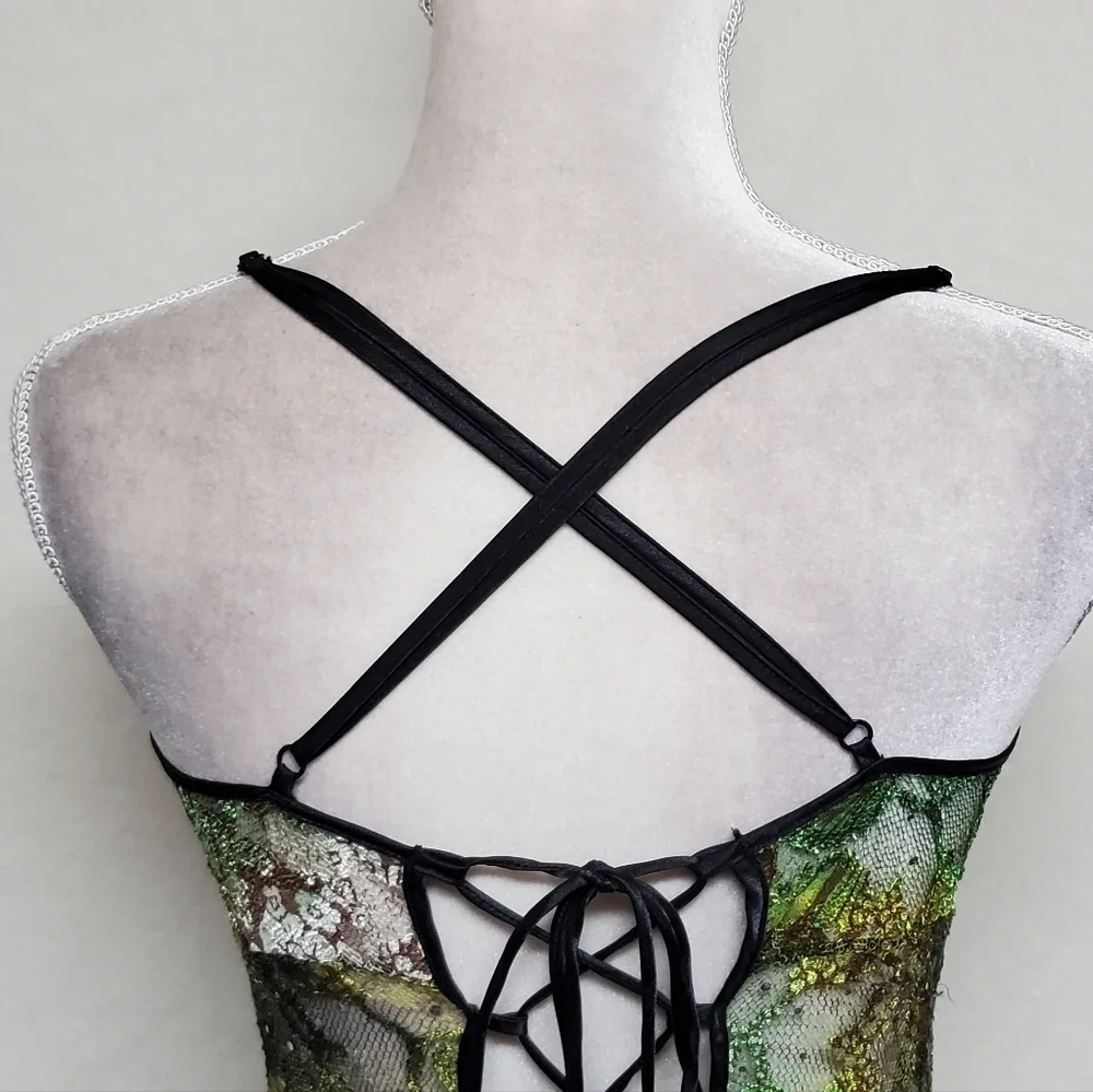 80s Rare Vintage Surprise Parties Green Tie-Dye Sheer Lace Lace-up Bustle Dress - Picture 11 of 16